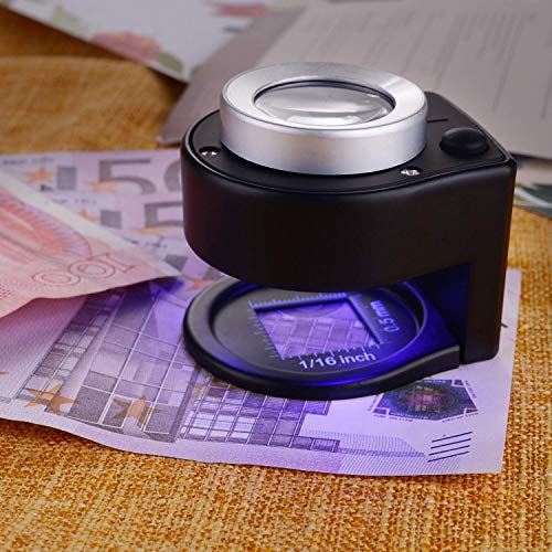 30X Loupe Magnifier with 6 Light,Desktop Portable Metal Magnifier Folding Scale Sewing Magnifing Glass for Textile Optical Jewelry Tool Coins Currency (Black)