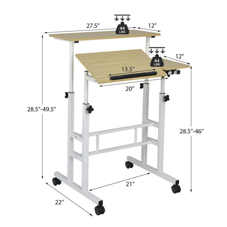 Height Adjustable Computer Desk with 2 Tilting Workstation and 4 Smooth Rolling Lockable Casters