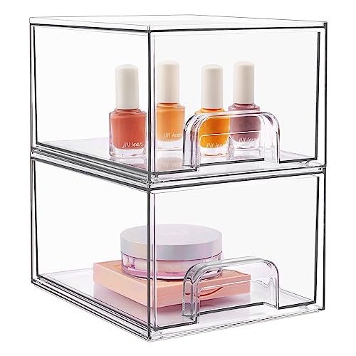 2 Pack Stackable Makeup Organizer Storage Drawers, Vtopmart 4.4'' Tall  Acrylic Bathroom Organizers，Clear Plastic Storage Bins For Vanity,  Undersink, Kitchen Cabinets, Pantry Organization and Storage