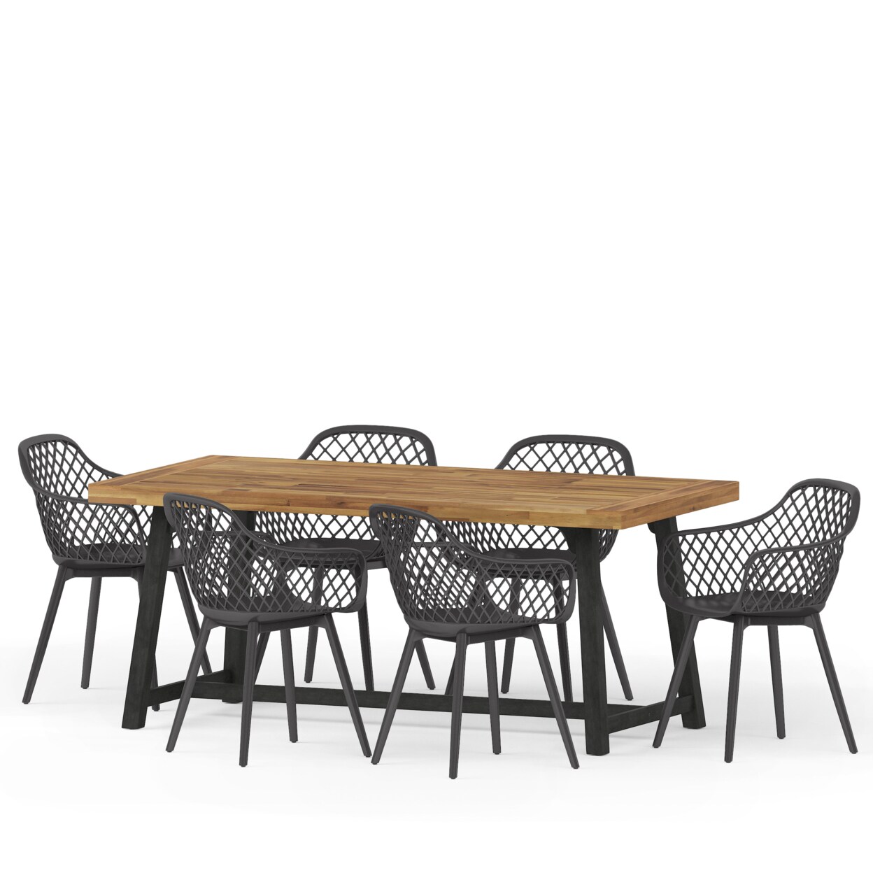 GDFStudio Requeta Outdoor Wood and Resin 7 Piece Dining Set, Black and Sandblasted Teak