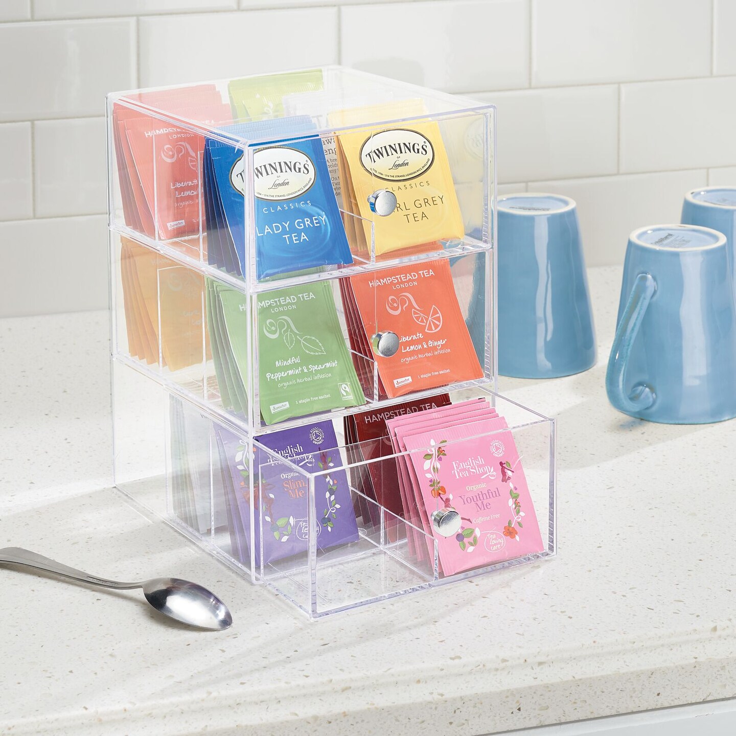 mDesign Plastic Kitchen Storage Tea Organizer, 3 Drawers -18 Sections