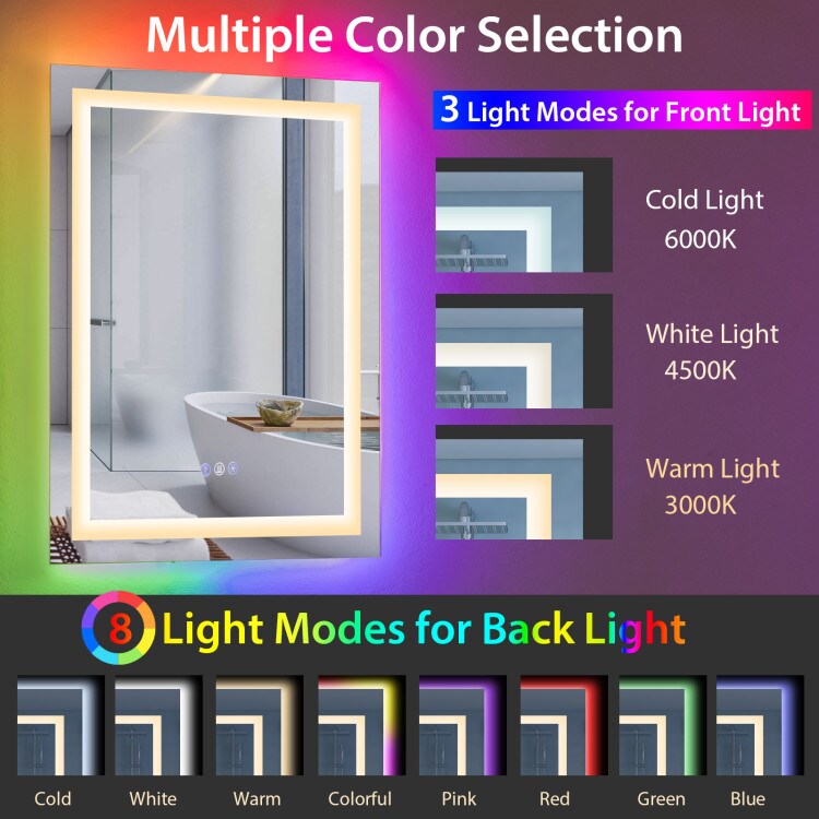 32 Inch x 24 Inch Bathroom Anti-Fog Wall Mirror with Colorful Light