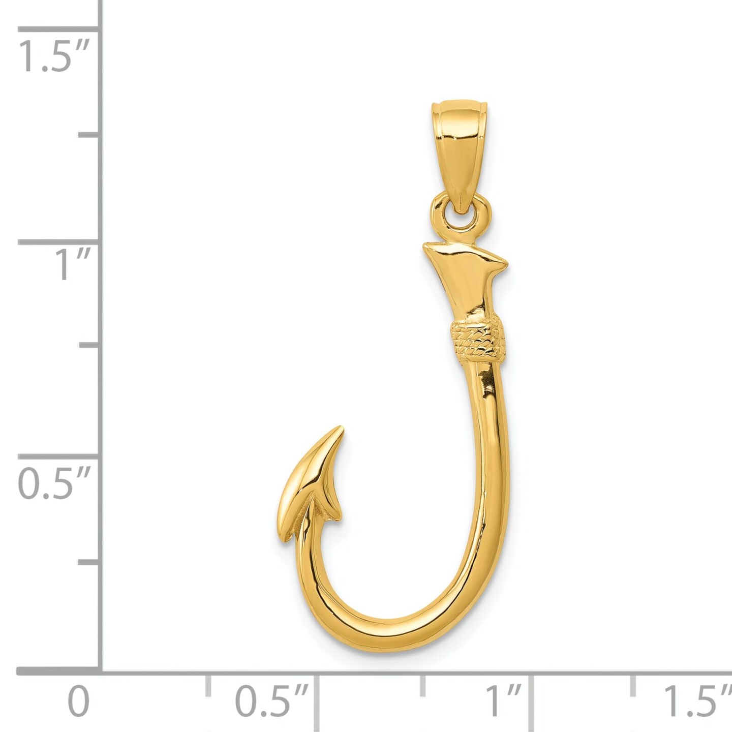 14K Yellow Gold 3D Fish Hook Charm Fishing Pendant Jewerly 33mm x 12mm