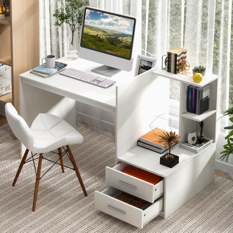White Computer Desk with Drawers and Bookshelf 51" Home Office Writing Table with Storage
