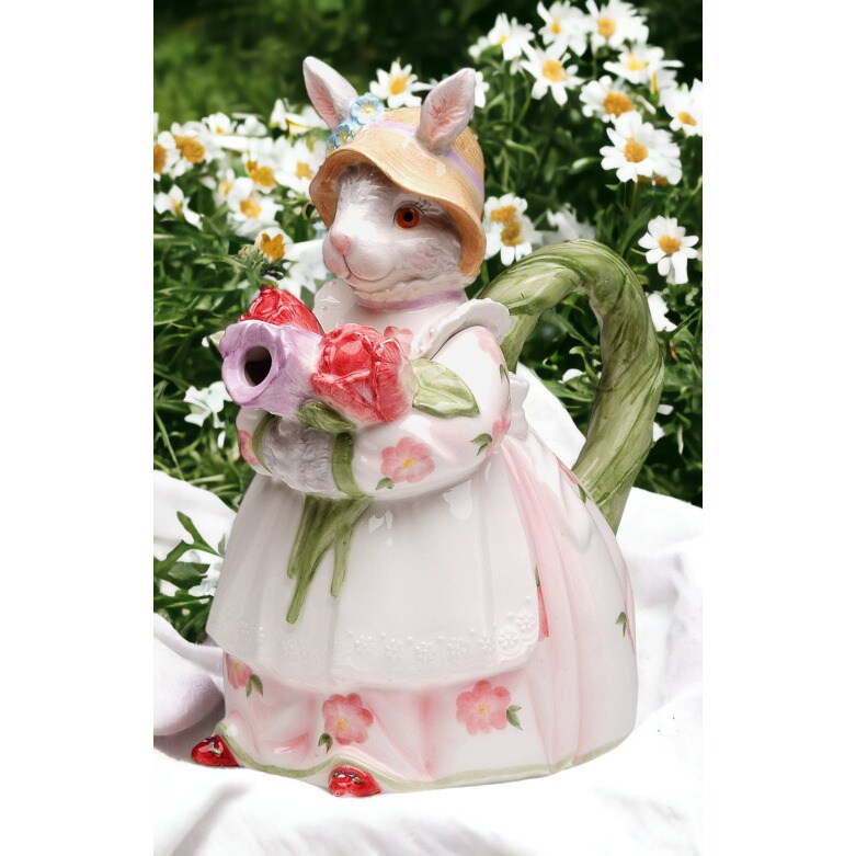 Springtime Bunnies: Easter Bunny Rabbit Holding Rose Flowers Teapot Tea Kettle