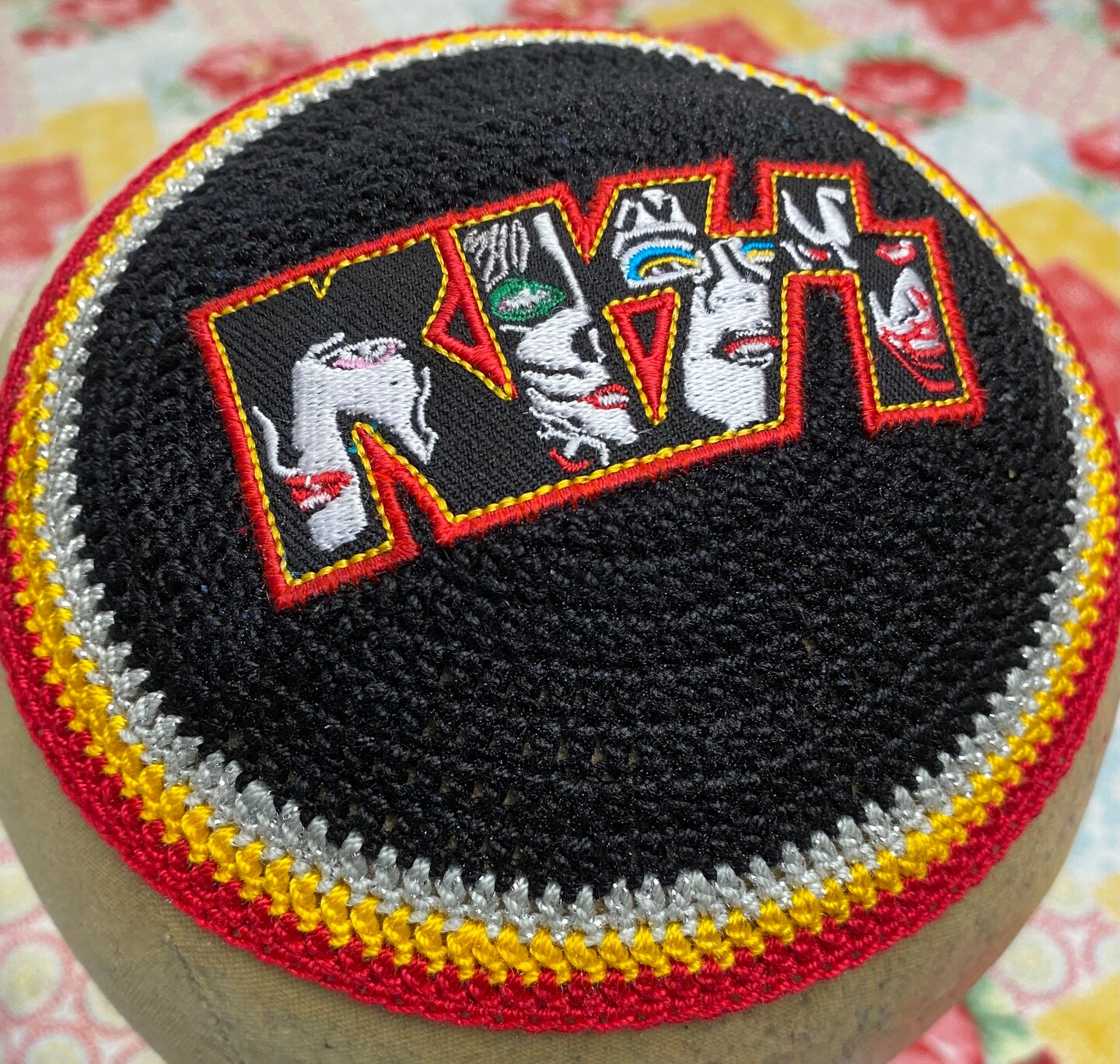 Gratefuldead, Phish or YOUR FAVORITE rock band inspired kippah. Machine  embroidered patch sewn on a coordinating crocheted kippah.