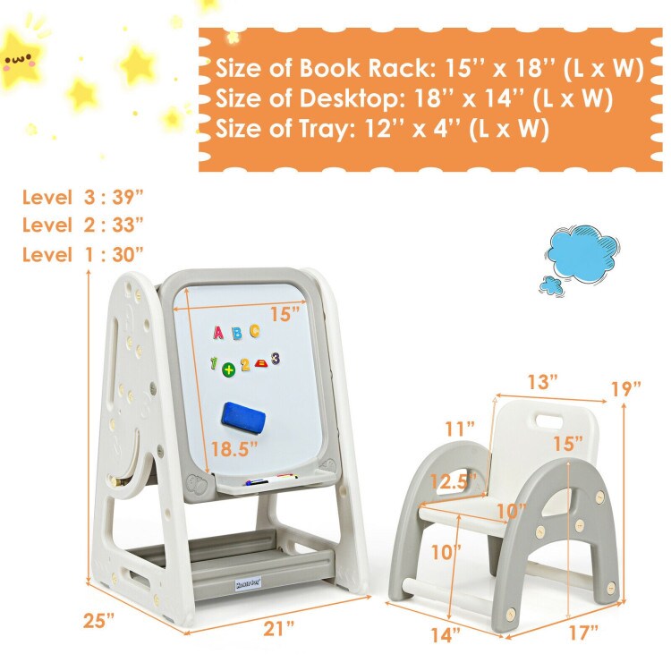 2-in-1 Kids Easel Desk Chair Set Book Rack Adjustable Art Painting Board