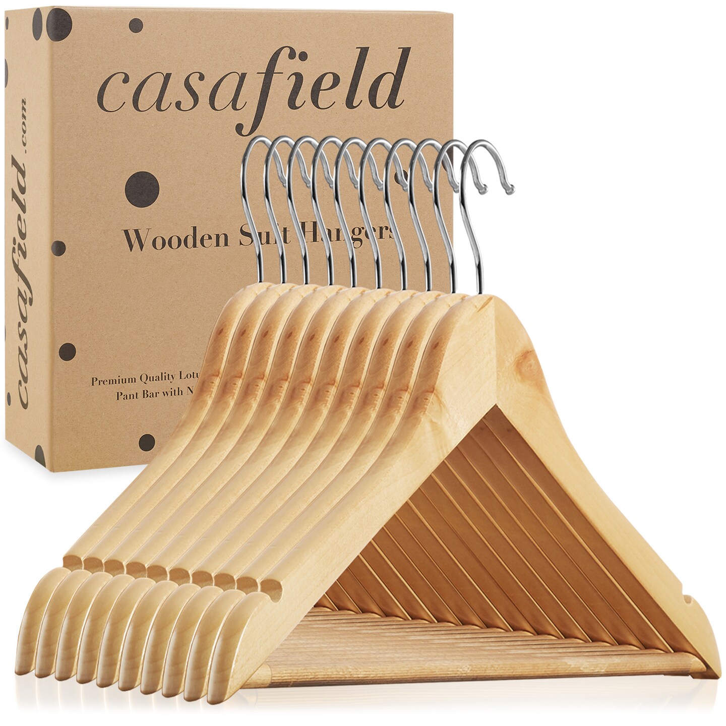 Casafield - 10 Wooden Suit Hangers - Premium Lotus Wood with Notches &#x26; Chrome Swivel Hook for Dress Clothes, Coats, Jackets, Pants, Shirts, Skirts