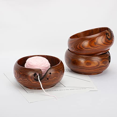 LOOEN Wooden Yarn Bowl Holder Rosewood,Knitting Wool Storage Basket Round with Holes Handmade Craft Crochet Kit Organizer Perfect for Mother&#x27;s Day(Wine Red)