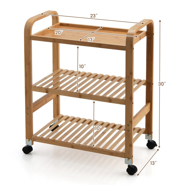 Bamboo Utility Cart with Storage Shelf and Lockable Casters-4-Tier