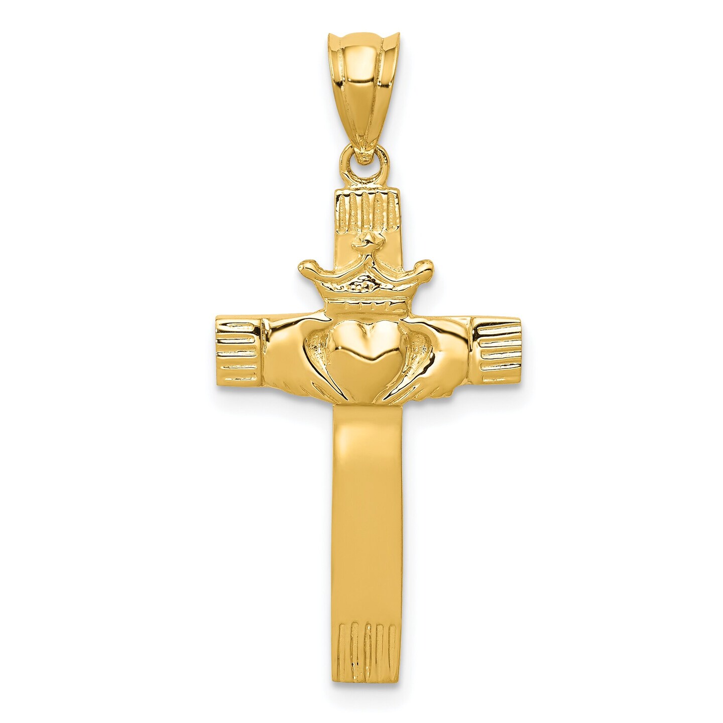 14K Yellow Gold Claddagh Cross Pendant Charm Jewelry 33mm x 15mm