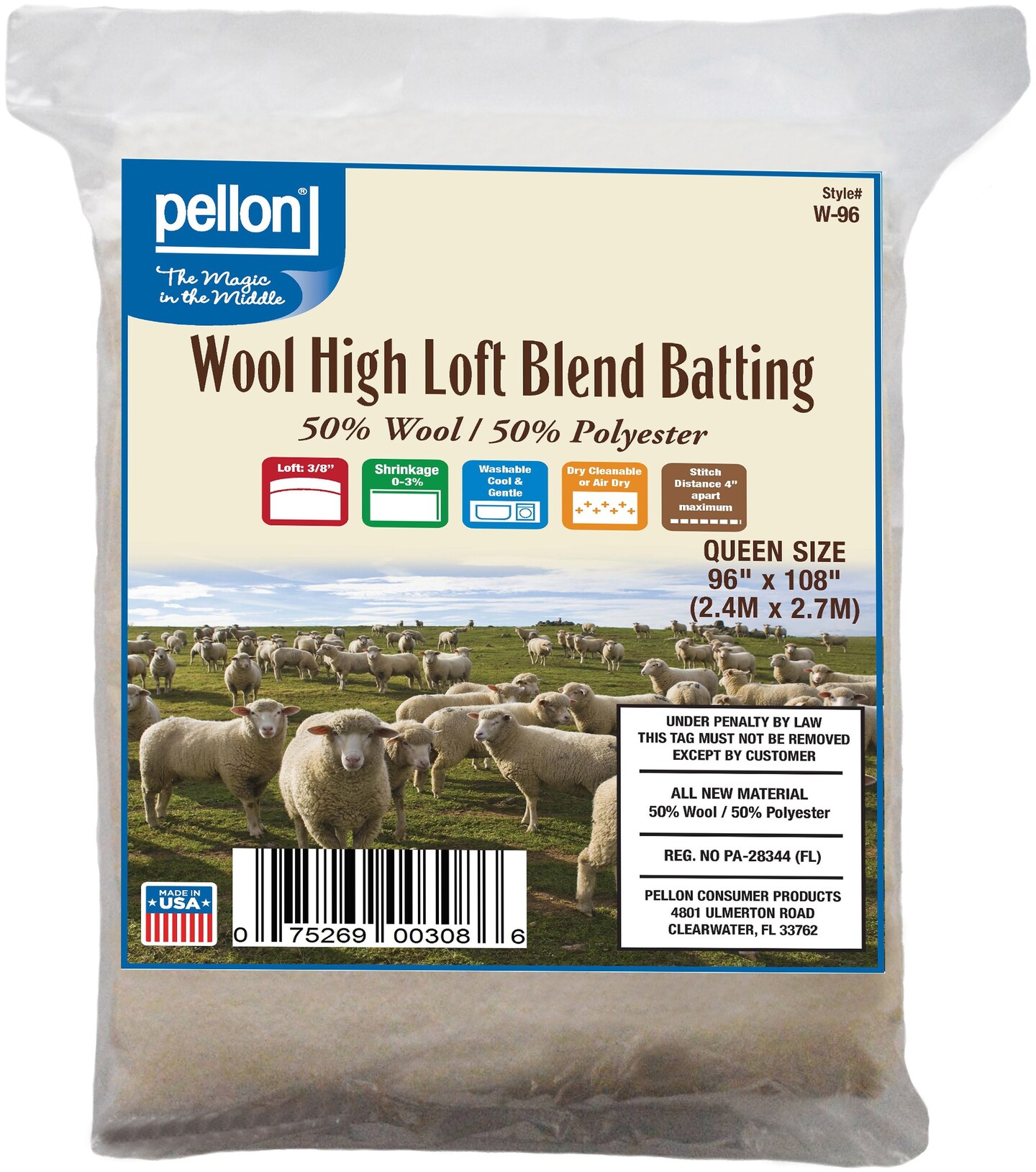 Pellon Wool High Loft Blend Batting-Queen Size 96&#x22;X108&#x22;