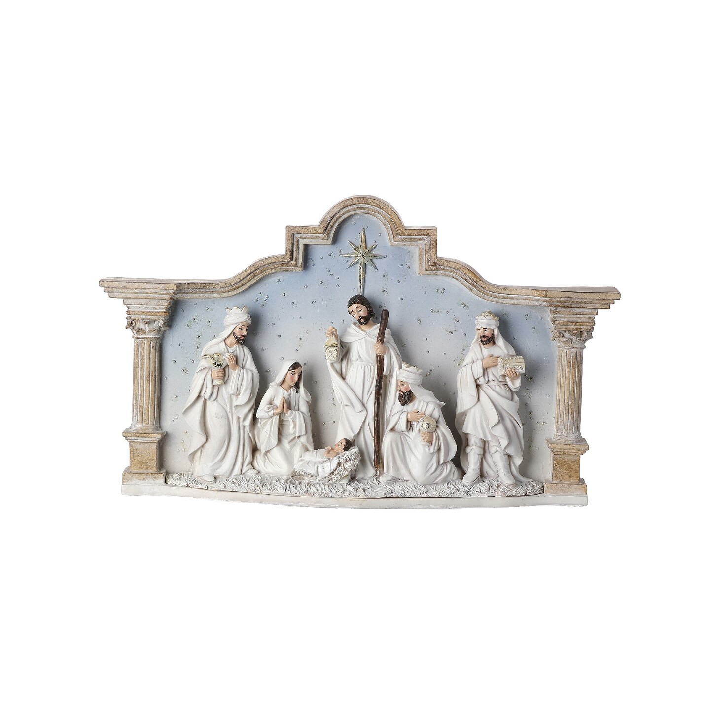 Contemporary Home Living 15" Nativity with Sky in Column Cresh Christmas Tabletop Decoration