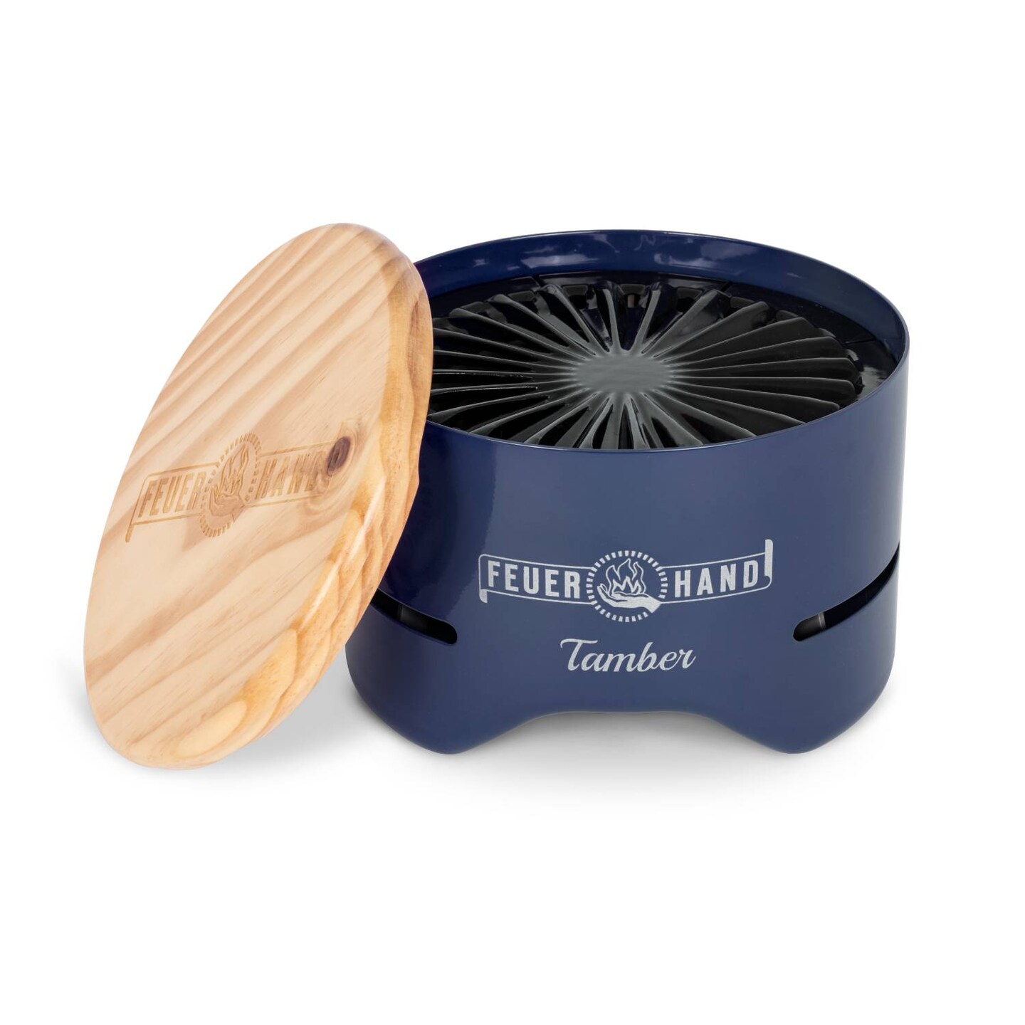 Petromax Feuerhand Tabletop Charcoal Grill, Powder-Coated Steel Tamber for Outdoor Use, Wood Lid, 7.9 inch diameter