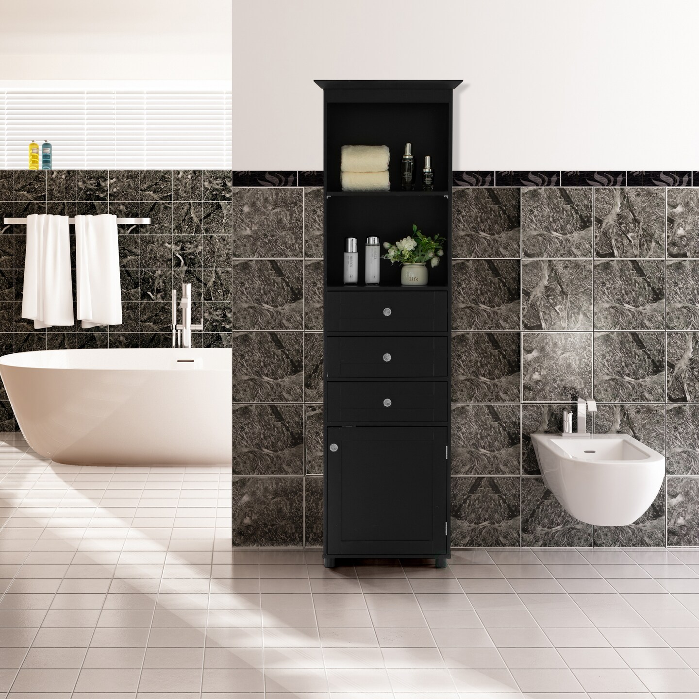 Tall Freestanding Storage Organizer Linen Tower, Vanity Closet, Bathroom Cabinet with 2 Open shelves, 3 Drawers, and a Closet