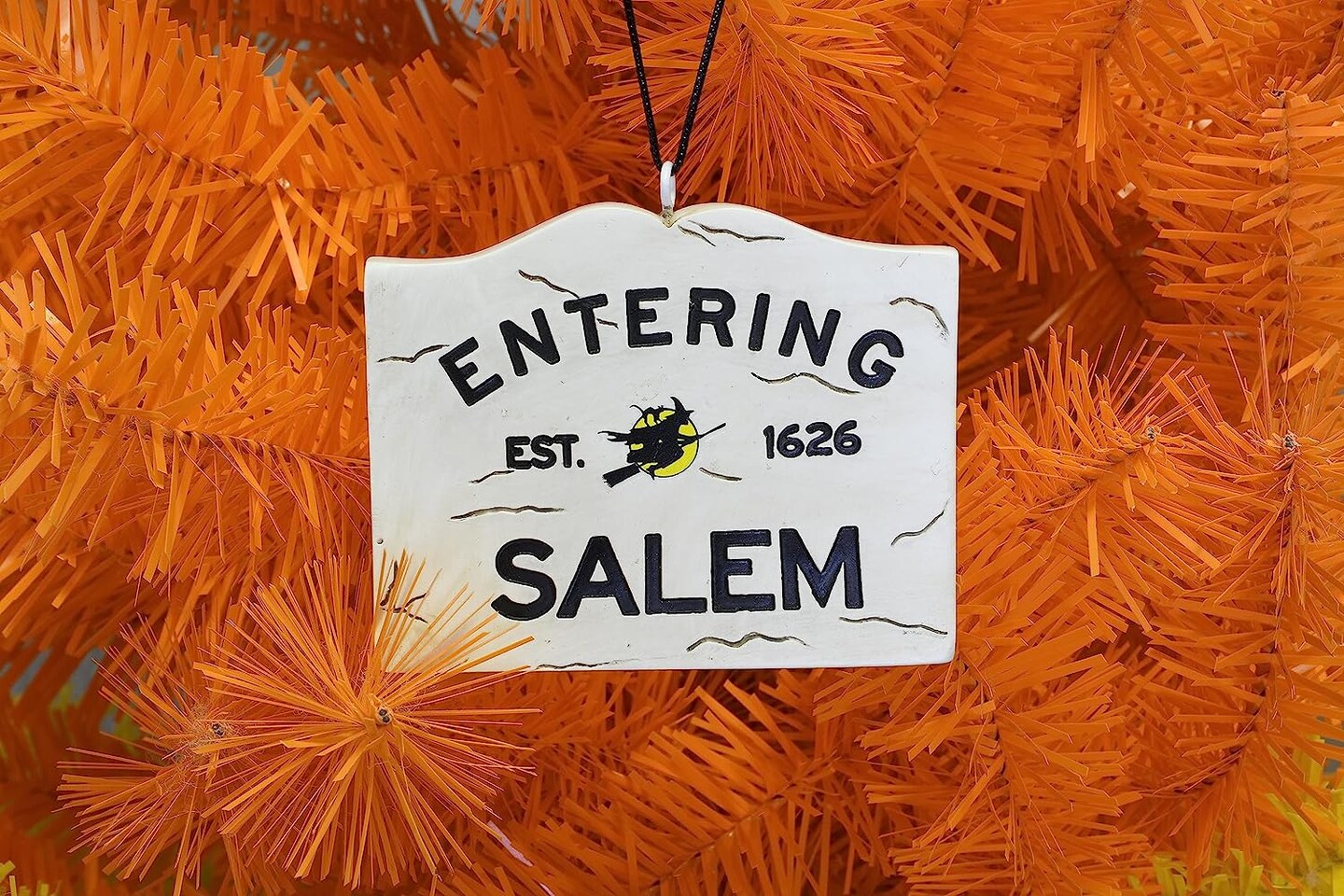 Tree Buddees Entering Salem Sign with Witch Halloween Ornament