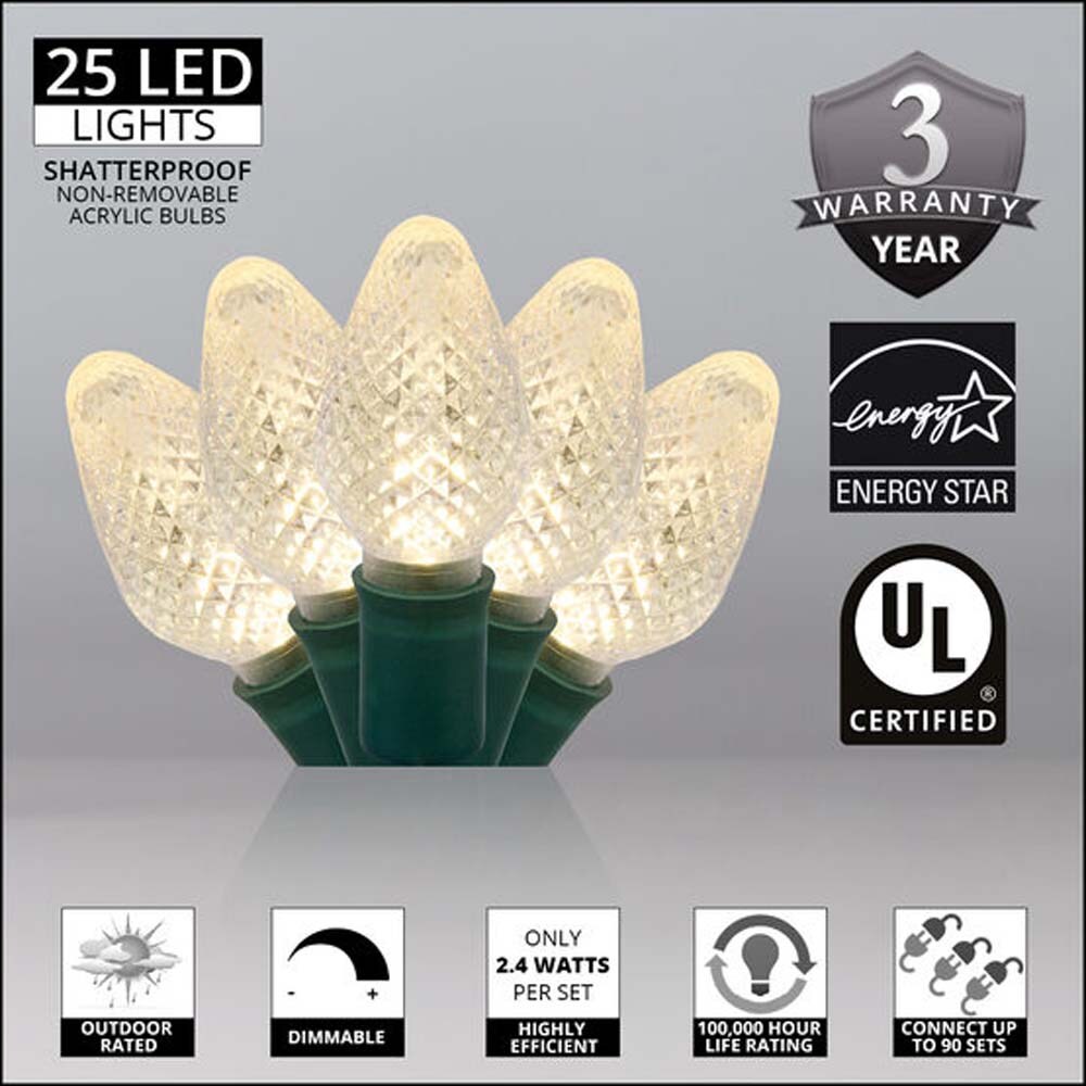 25 Warm White C7 LED Christmas Lights, Green Wire, 8&#x22; Spacing
