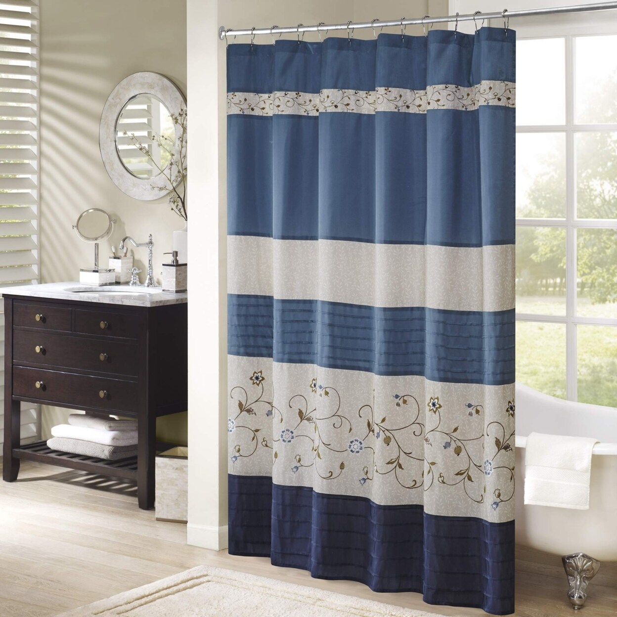 Madison Park Serene Faux Silk Embroidered Floral Shower Curtain Navy 72x72"