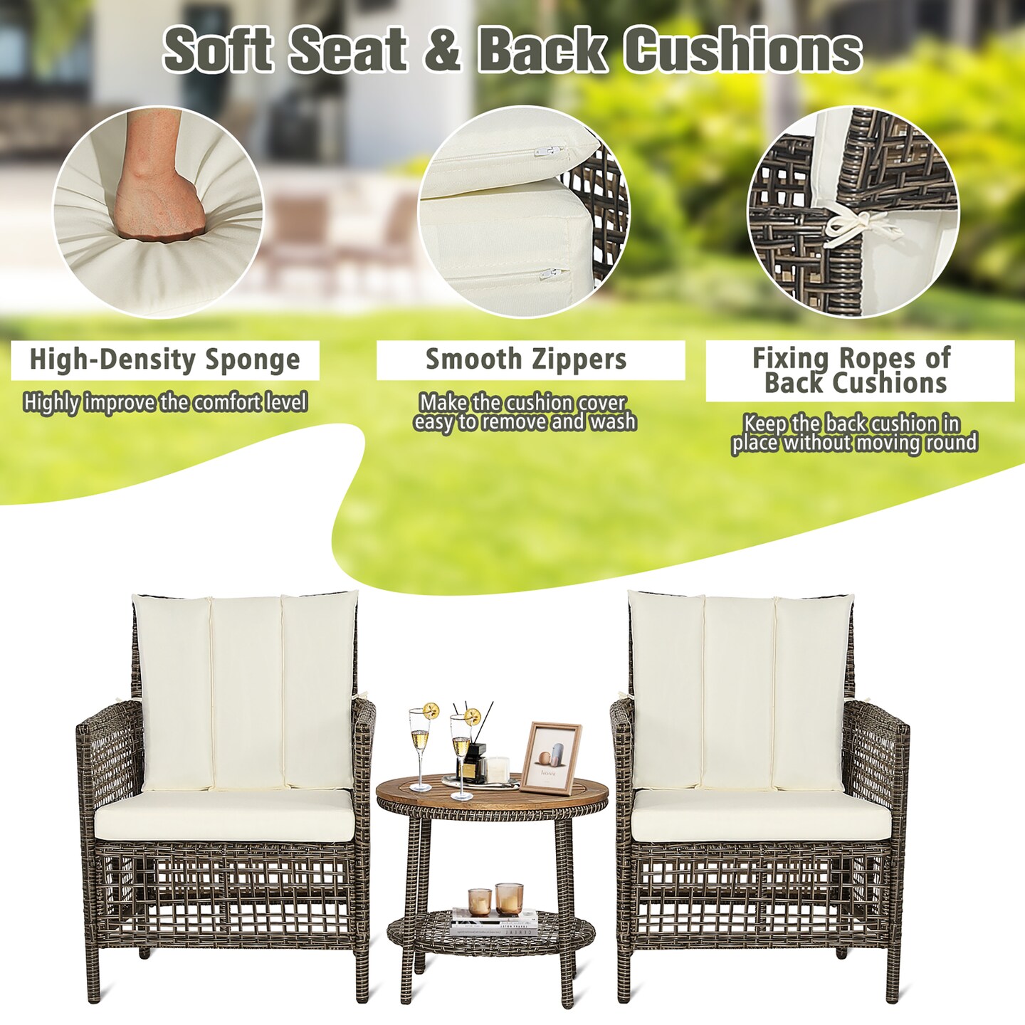 Costway 3PCS Patio Rattan Furniture Set Cushioned Sofas Wood Table Top W/Shelf
