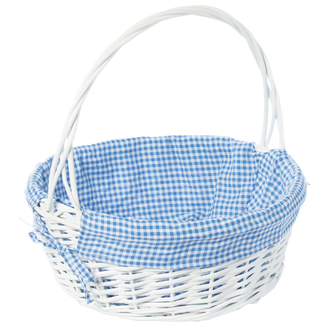 Wickerwise White Round Willow Gift Basket with Blue and White Gingham Liner and Handles