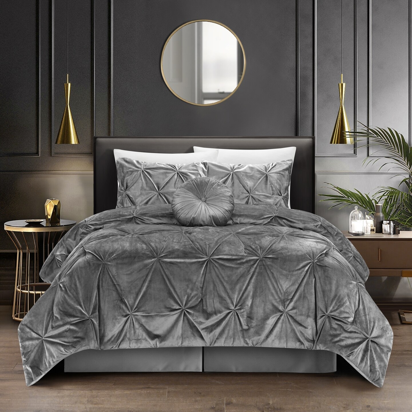 Grace Living Nilah 5Pc Comforter Set -Shiny Velvet  Pinch Pleated Pintuck