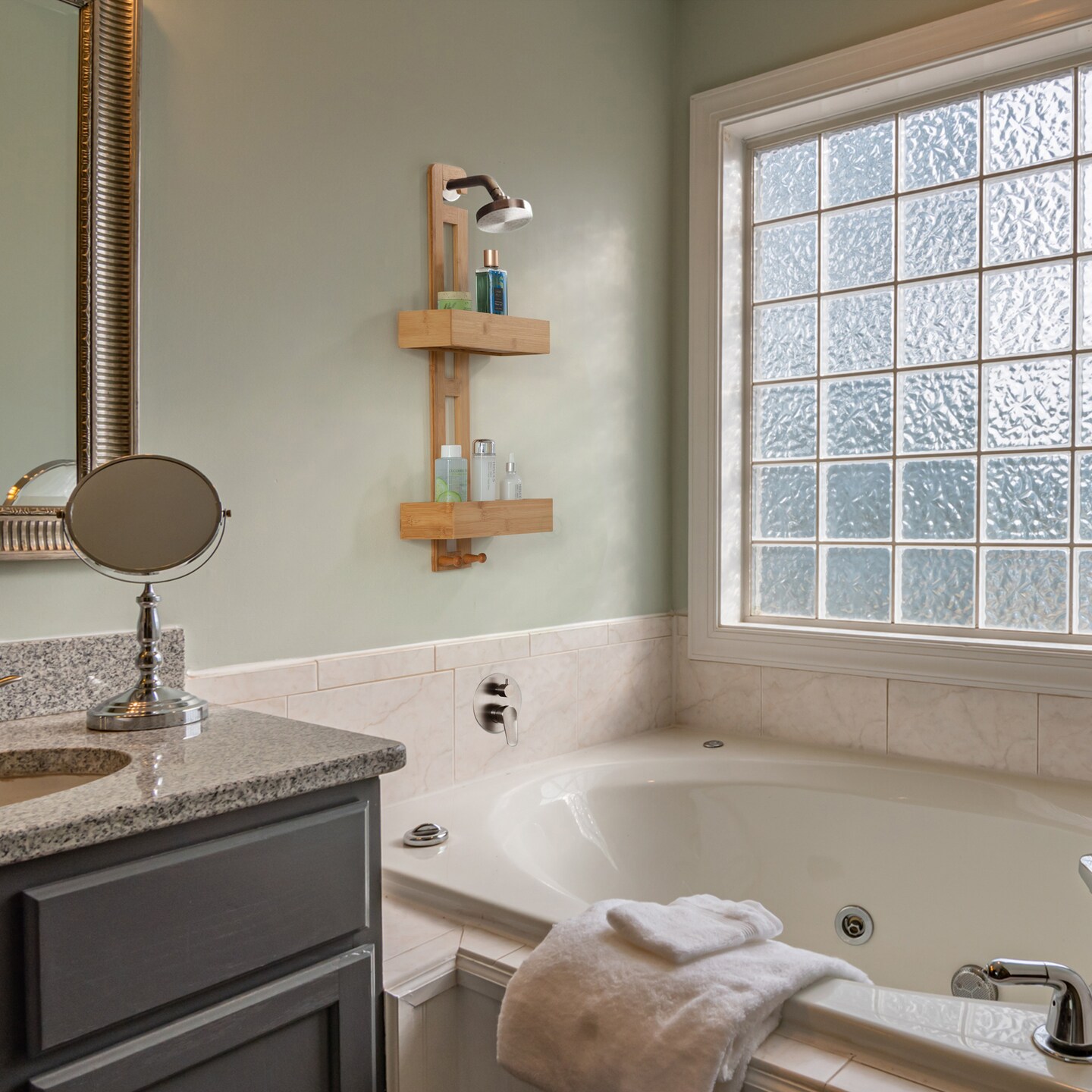 Bathroom Multi-function Natural Bamboo Storage Rack Over Shower Head Organizer, Shower Ball, Shampoo, Conditioner, Soap Holder