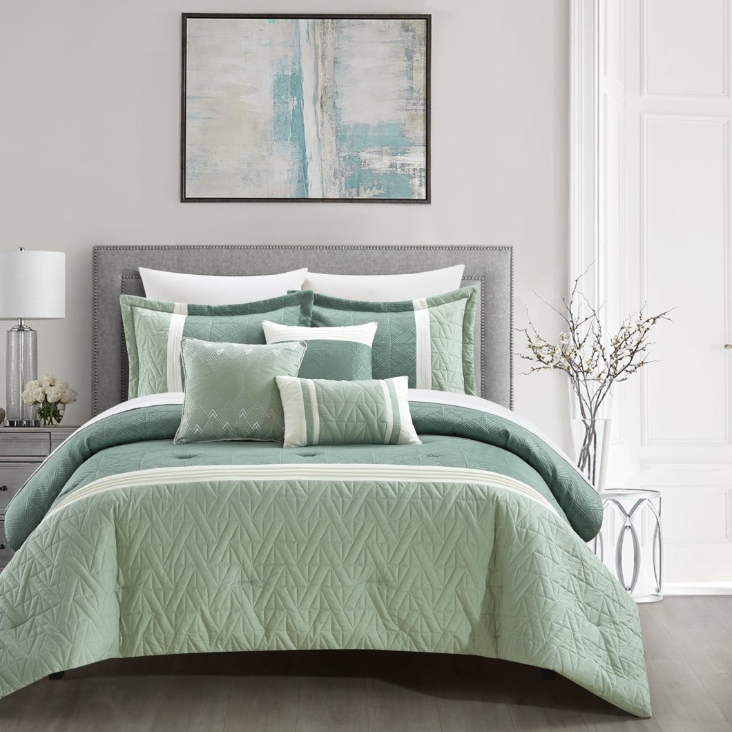 Chic Home Macy 6 Piece Comforter Set Jacquard Woven Geometric Design Pleated Quilted Details Bedding