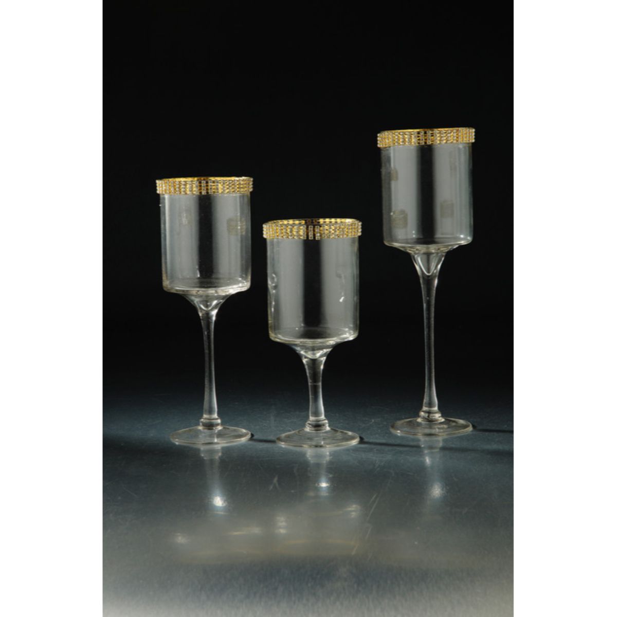 CC Home Furnishings Set of 3 Clear Pillar Candle Holders with Gold Rhinestone Bands14&#x22;