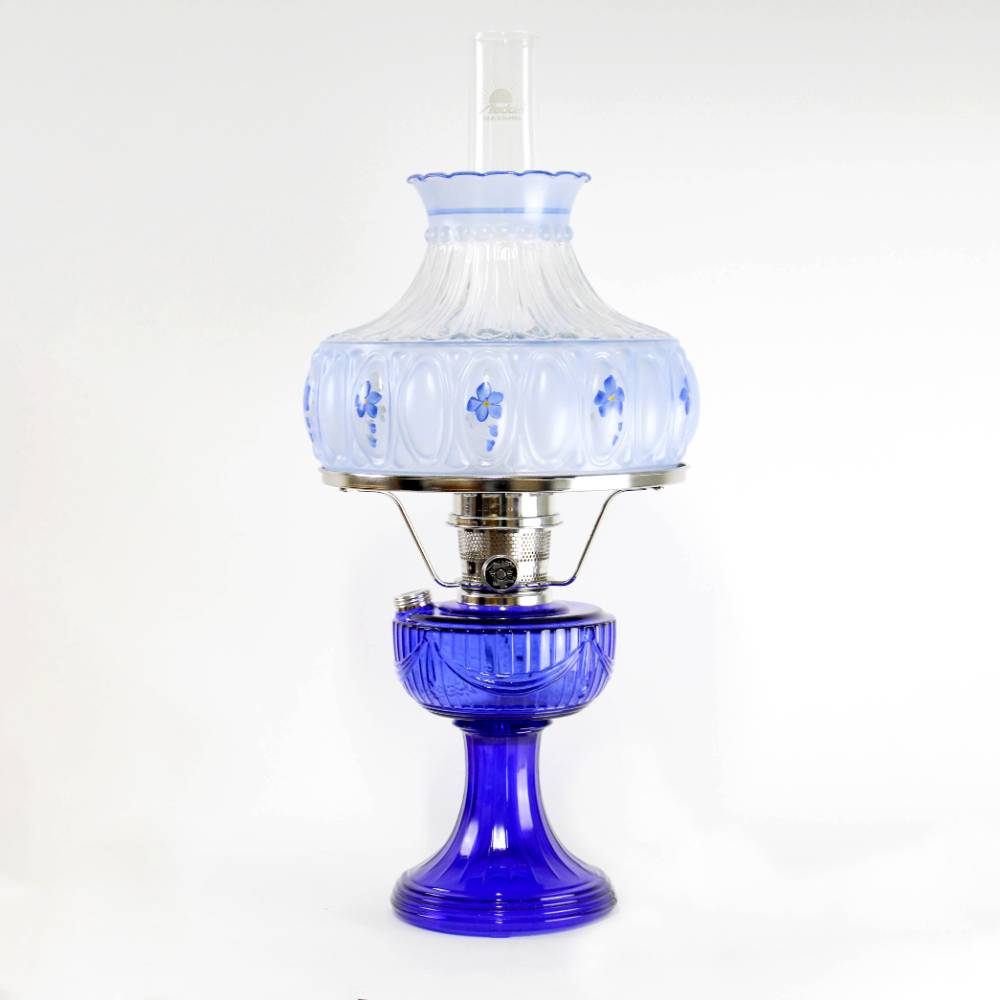 Aladdin Lincoln Drape Oil Lamp, Cobalt Glass Bright Indoor Non-Electric Fuel Lamp with Blue Meadow Shade, 24 inch