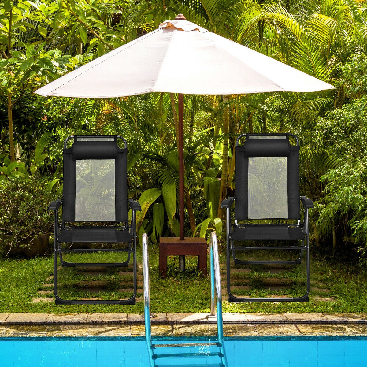 2Pc Folding Chairs Adjustable Reclining Chairs With Headrest Patio Garden Black