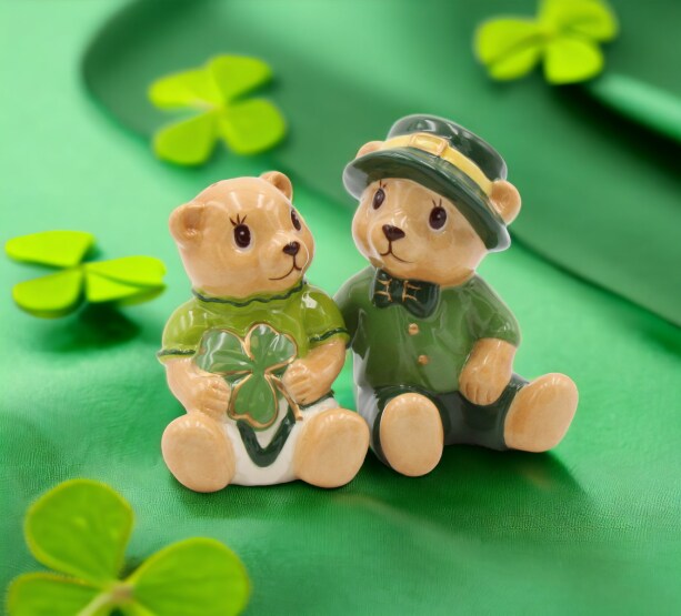 Ceramic Irish Teddy Bear Couple with Shamrock Salt and Pepper, Gift for Her, Gift for Mom, Kitchen D&#xE9;cor, Irish Saint Patrick&#x2019;s Day D&#xE9;cor