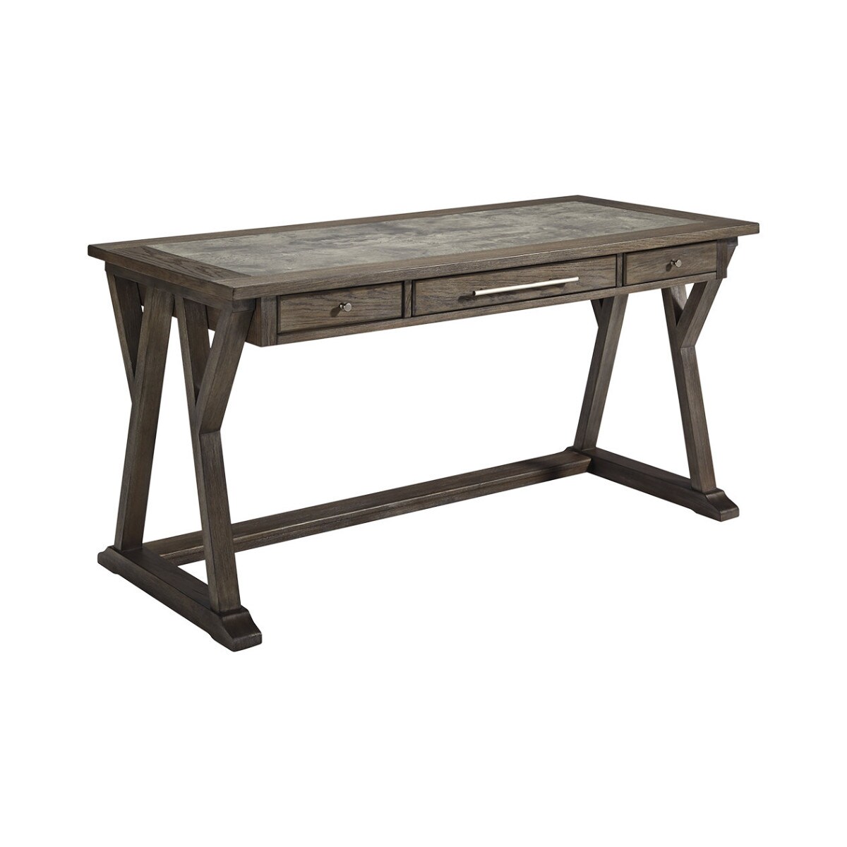Saltoro Sherpi Three Drawer Wooden Desk with Cross Brace Stretcher and Faux Bluestone Top, Gray-
