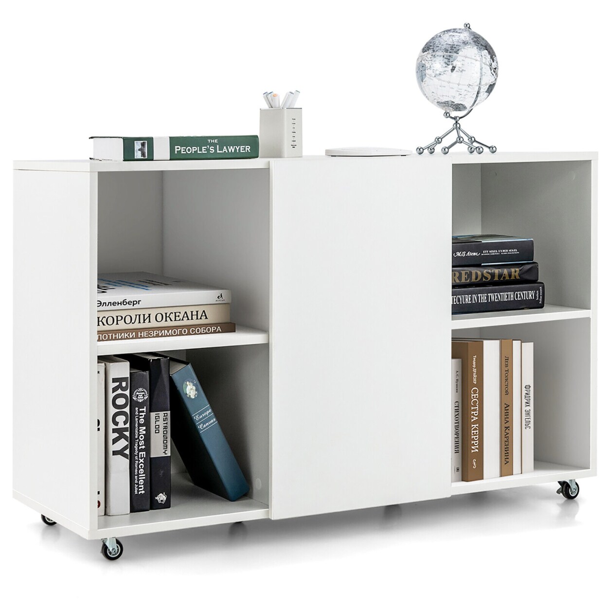3-Tier Wood Bookcase 6 Cube Bookshelf W/ Door Wheels Display Cabinet