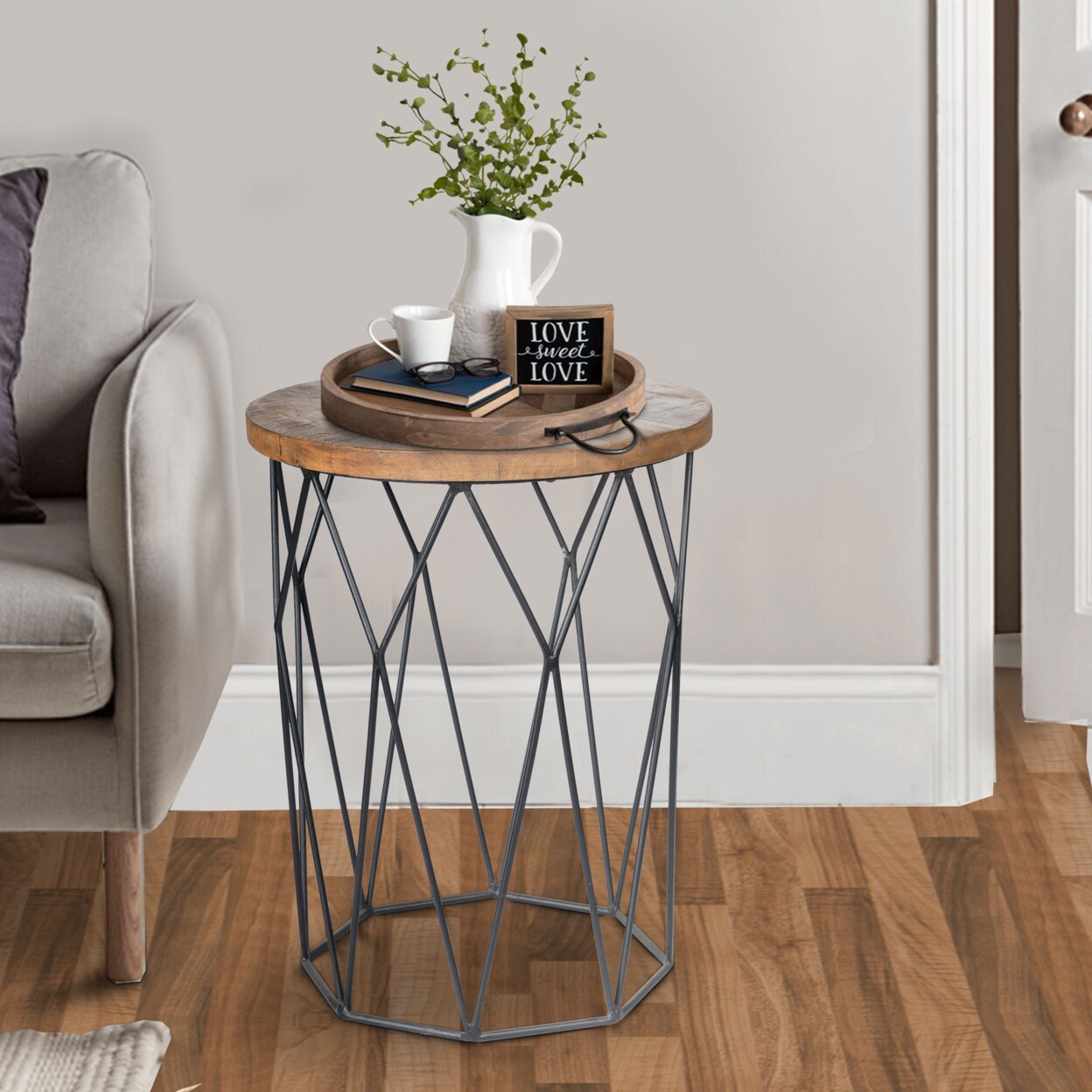 Casagear Home Round Mango Wood End Table with Iron Geometric Base, Black and Brown- Saltoro Sherpi