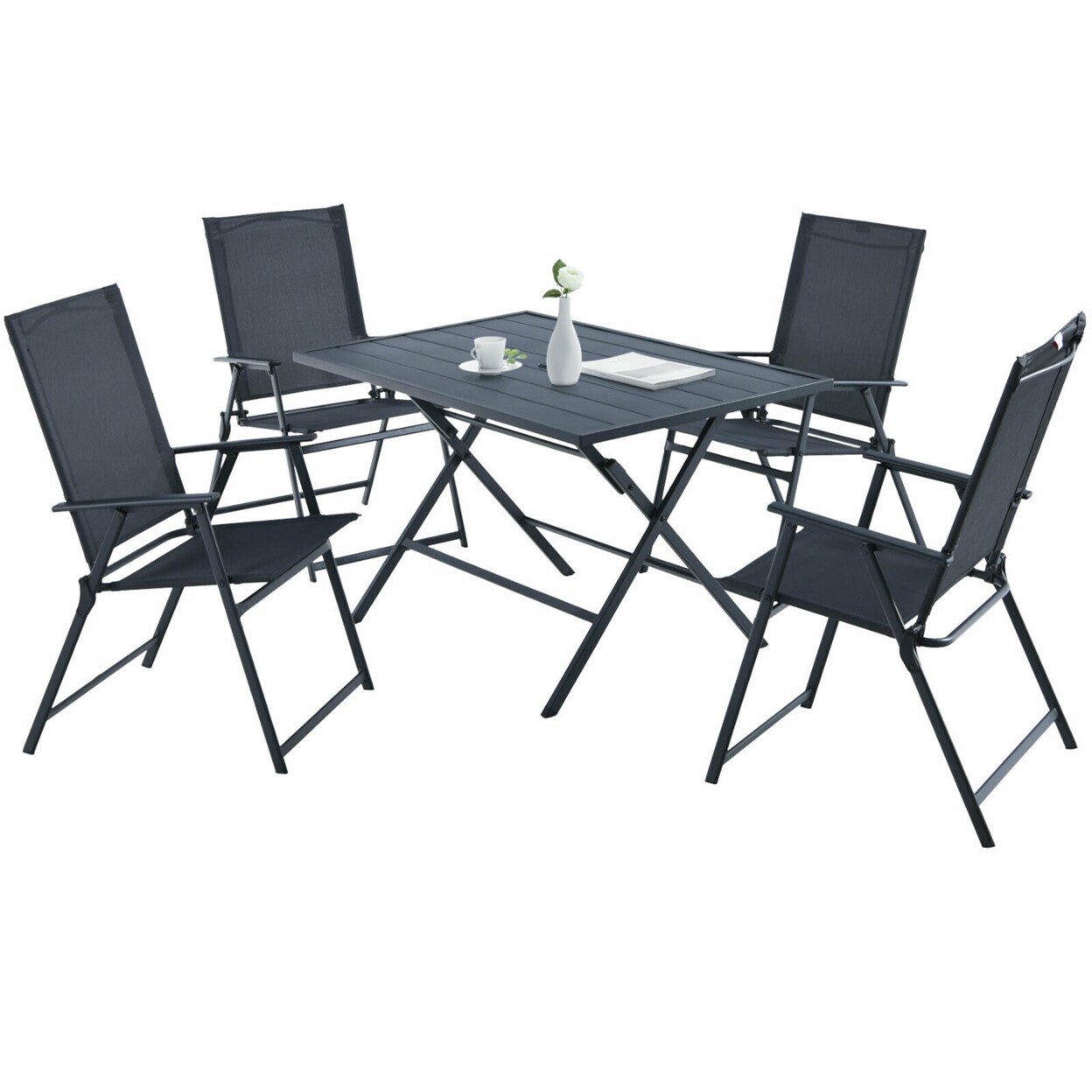 5Pcs Patio Folding Table And Chairs Set Outdoor Dining Set W/ Umbrella Hole