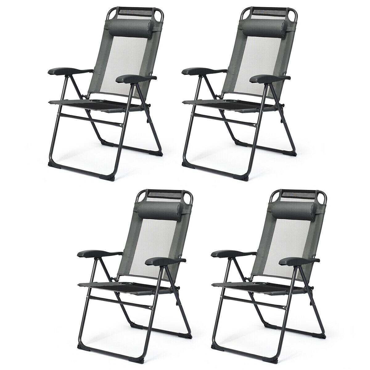 4Pc Folding Chairs Adjustable Reclining Chairs With Headrest Patio Garden Grey