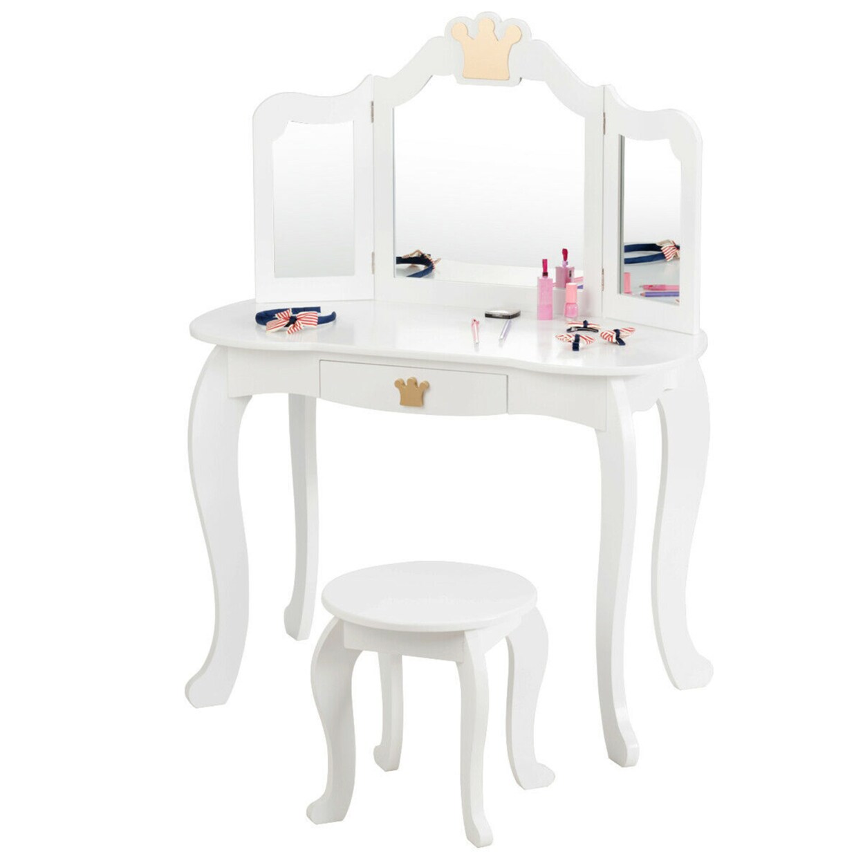 Gymax Kids Makeup Dressing Table Chair Set Princess Vanity and Tri-folding Mirror White