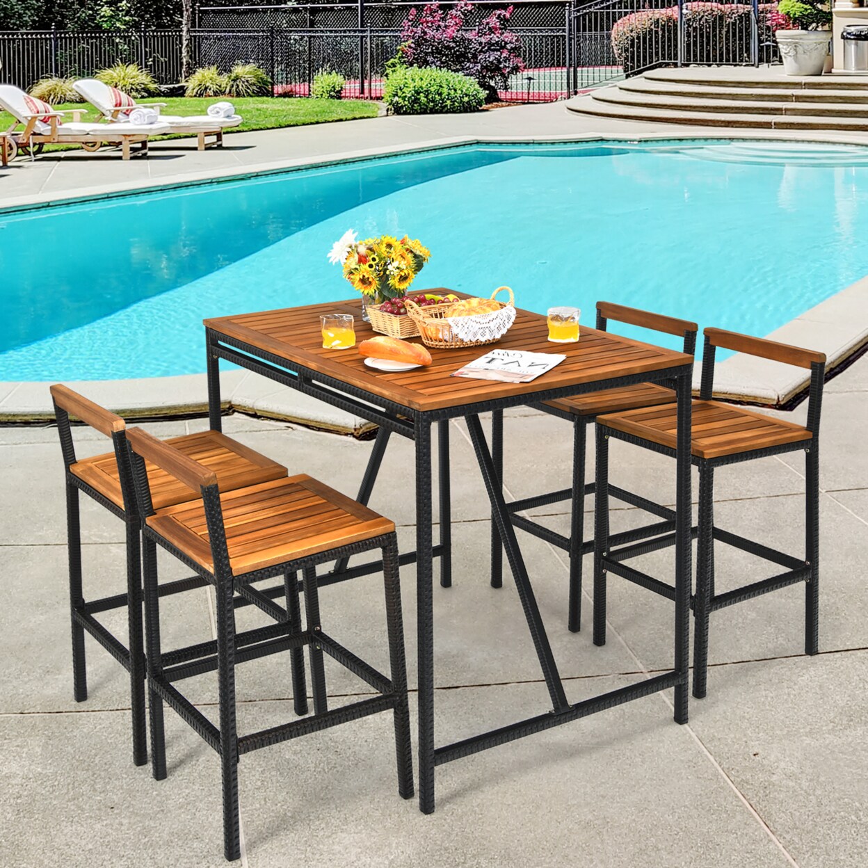 Gymax 5PCS Patio Bar Table Set PE Rattan High Dining Bistro Set w