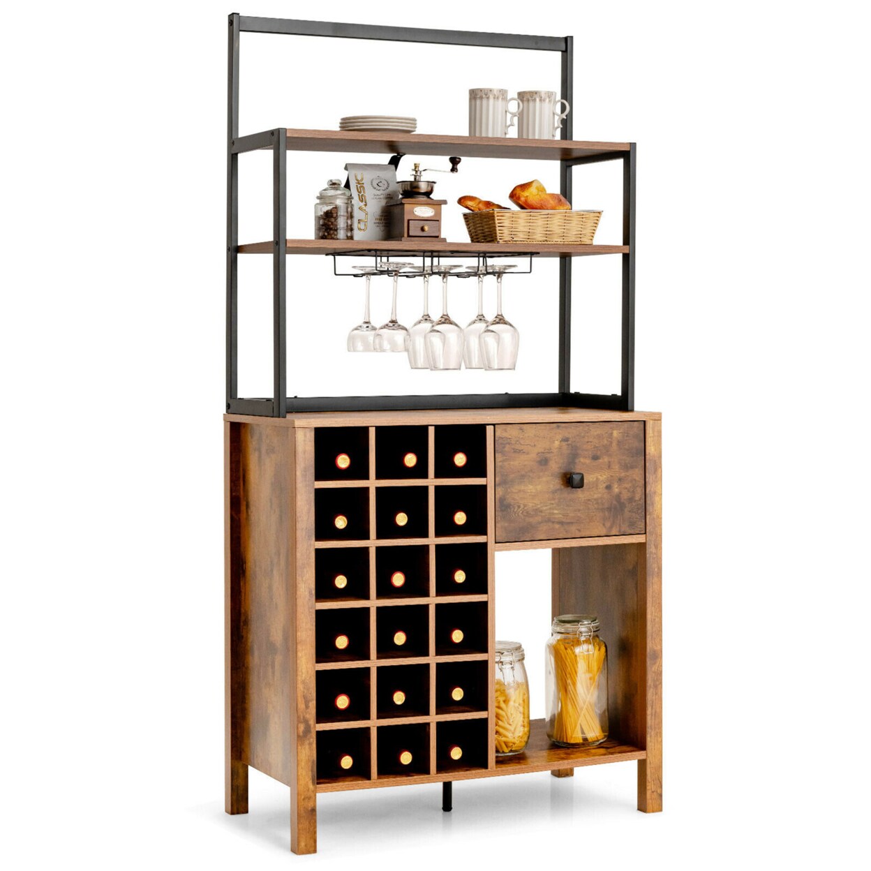 Gymax Kitchen Bakers Rack Freestanding Wine Rack Table w/ Glass Holder and Drawer Black / Rustic