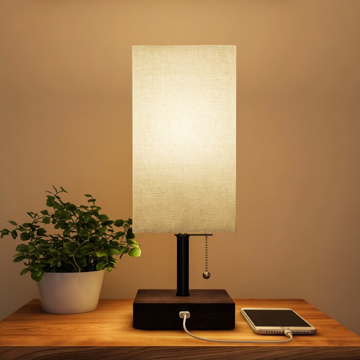 Lavish Home USB Rectangle Lamp with Wood Base-Modern Desk Light LED Bulb Included USB Port for Living Room