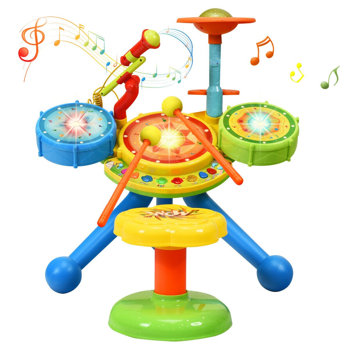 Kids Electric Jazz Drum Set Musical Instrument With Stool Microphone And Led Light