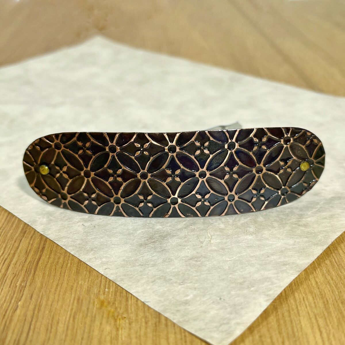 Large Copper Hair Clip, Black with Copper Flowers, Metalsmith Made with Rivets product 2