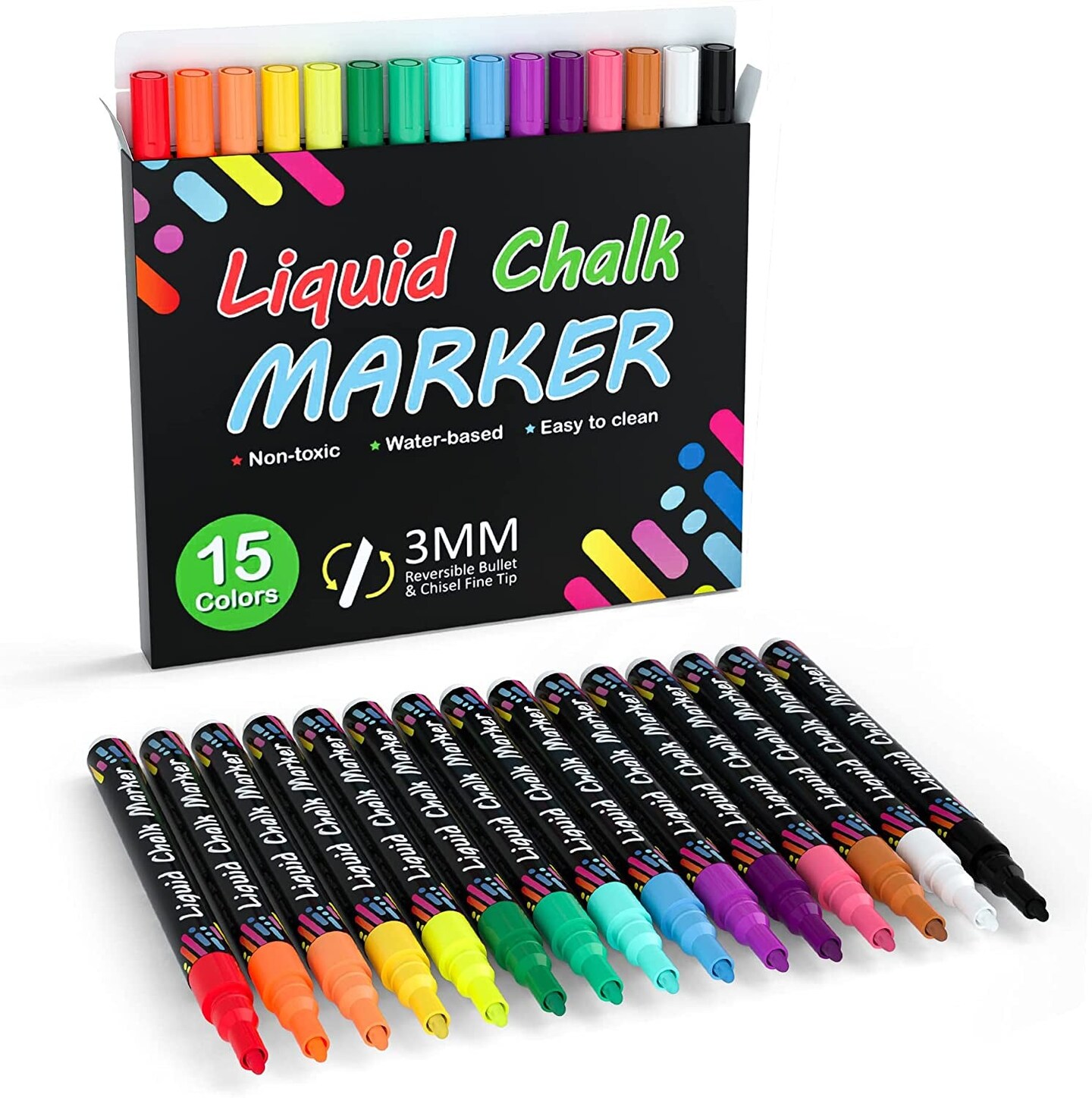 Chalk Markers, 15 Vibrant Colors Liquid Chalk Markers Pens for Chalkboards,  Windows, Glass, Cars, Water-Based, Erasable, Reversible 3Mm Fine Tip for