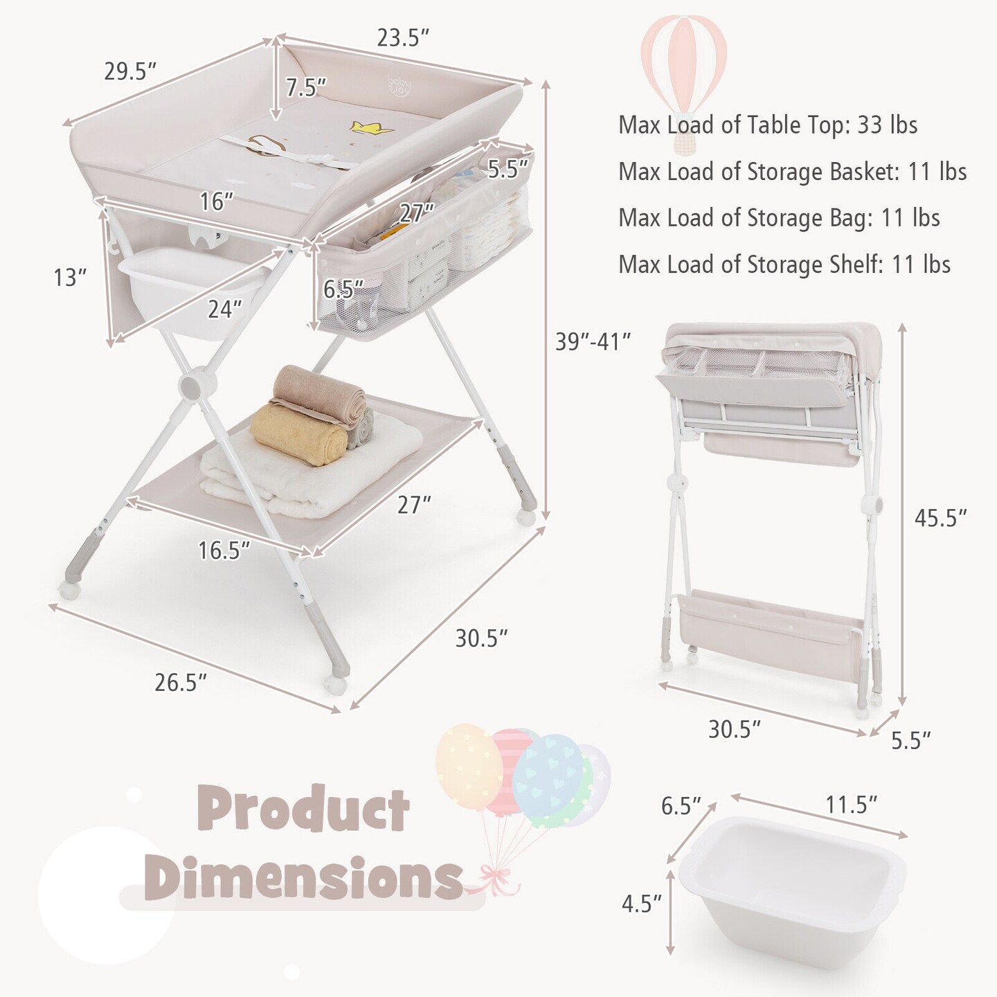 Foldable Baby Changing Table with Wheels