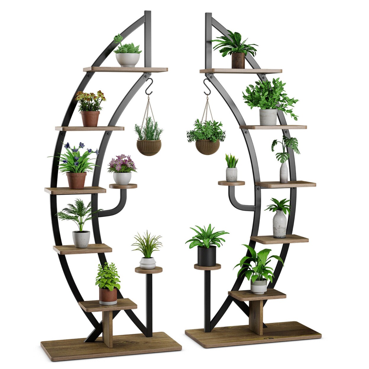 Gymax 2 PCS 6 Tier 9 Potted Metal Plant Stand Curved Stand Holder Display Shelf w/ Hook