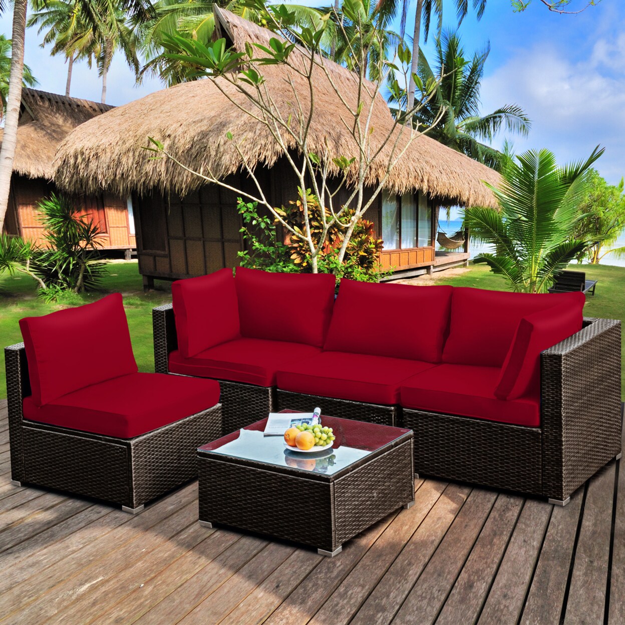 Gymax 5PCS Rattan Patio Conversation Set Sofa Furniture Set w Red