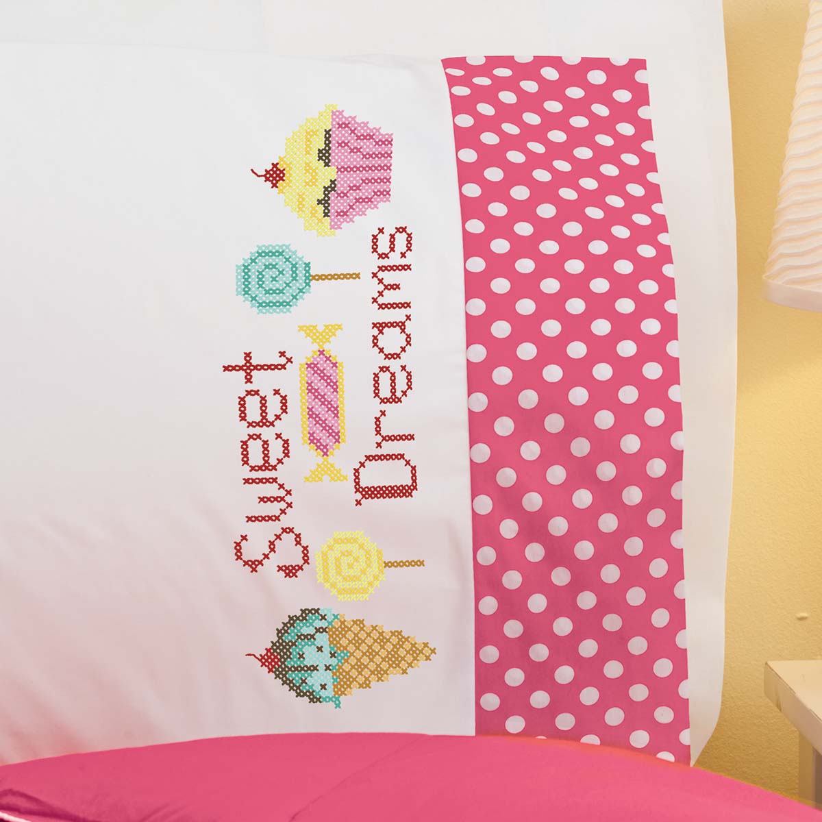 Herrschners  Sweet Dreams Kid&#x27;s Pillowcase Stamped Cross-Stitch Kit