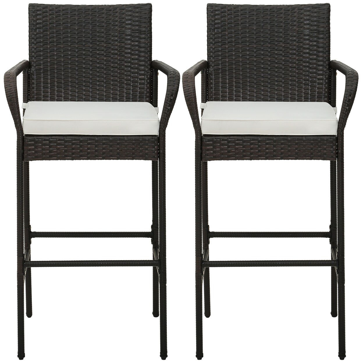 Gymax Set of 2 Wicker Bar Stools Set Outdoor High Back Bar Counter Chairs w/ Cushions