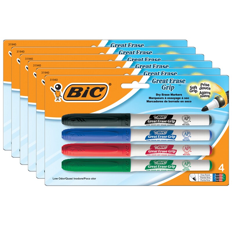 Bic Great Erase Low Odor Dry Erase Markers, Fine Point, 4 per Pack, 6 Packs