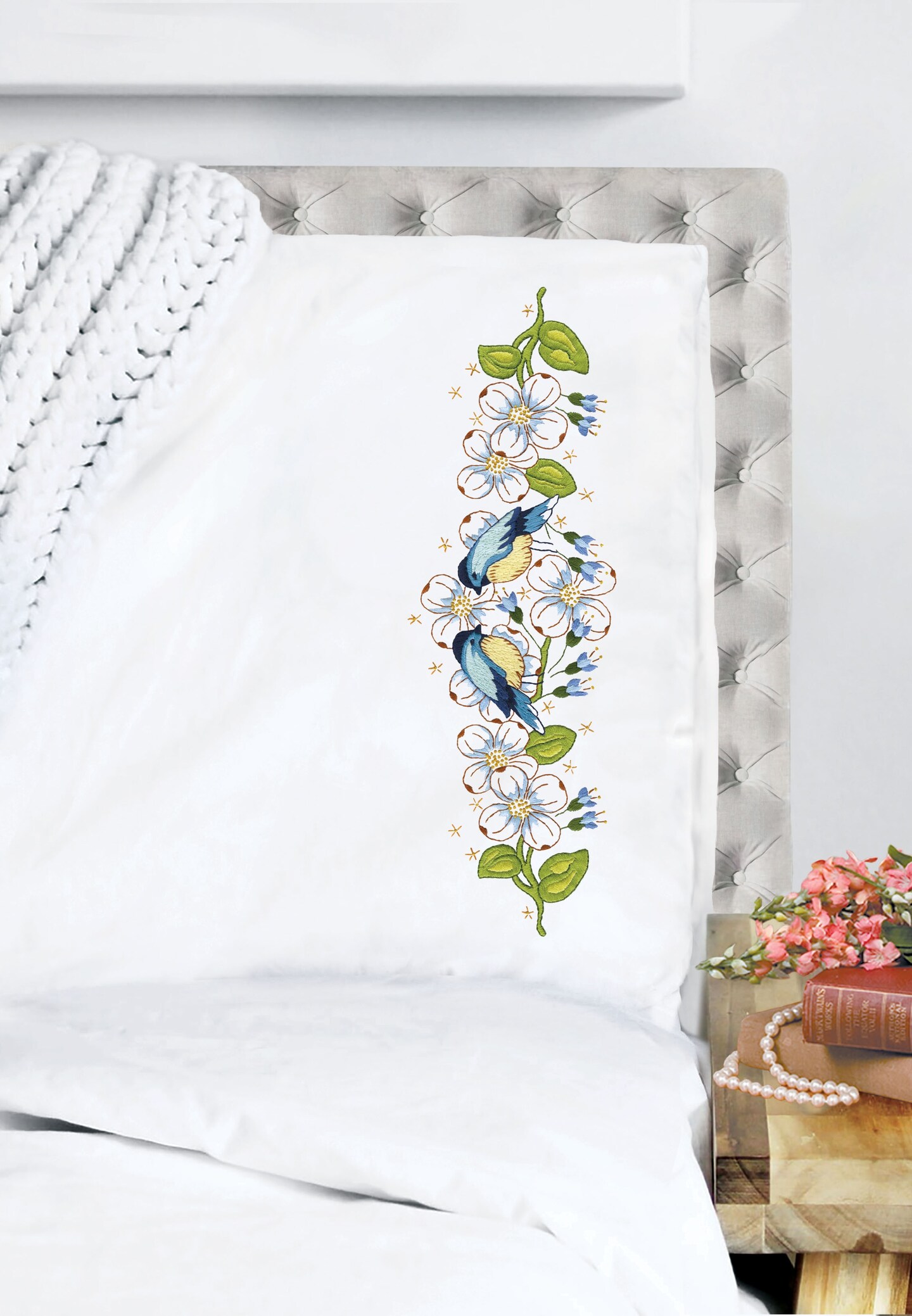 Tobin Stamped For Embroidery Pillowcase Pair 20"X30"-Blue Birds